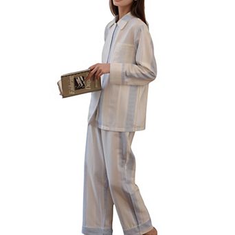 Women's Striped Woven Pajama Set with Collared Long Sleeve Top and Cuffed Wide Leg Pants