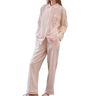 Women's Striped Woven Pajama Set with Collared Long Sleeve Top and Cuffed Wide Leg Pants