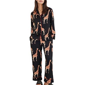 Women's Giraffe Print Pajama Set with Long Sleeve Button Down Top and Relaxed Fit Woven Pants