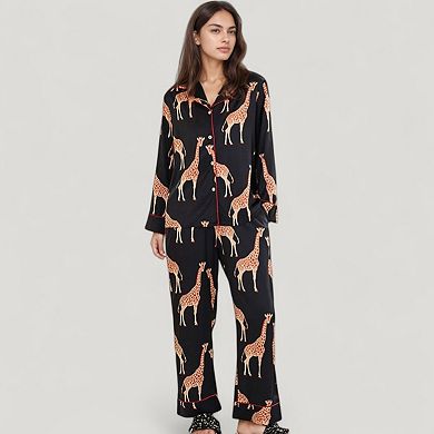 Women's Giraffe Print Pajama Set with Long Sleeve Button Down Top and Relaxed Fit Woven Pants