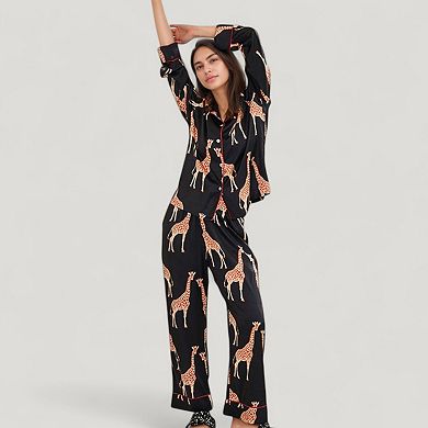 Women's Giraffe Print Pajama Set with Long Sleeve Button Down Top and Relaxed Fit Woven Pants