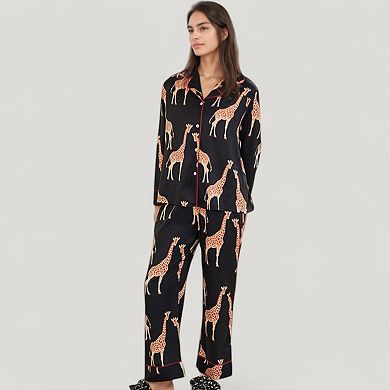 Women's Giraffe Print Pajama Set with Long Sleeve Button Down Top and Relaxed Fit Woven Pants