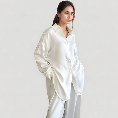 Women's Relaxed Fit Satin Button-Down Shirt and Wide Leg Pants Two-Piece Lounge Pajama Set