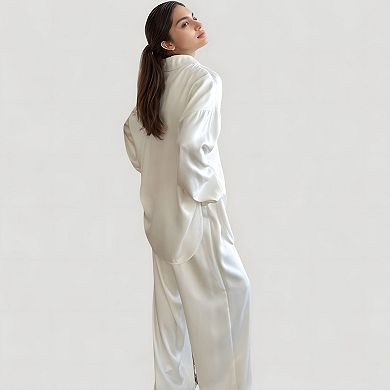 Women's Relaxed Fit Satin Button-Down Shirt and Wide Leg Pants Two-Piece Lounge Pajama Set