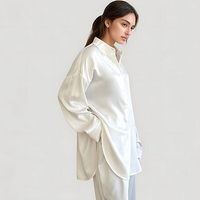 Women's Relaxed Fit Satin Button-Down Shirt and Wide Leg Pants Two-Piece Lounge Pajama Set