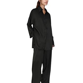 Women's Relaxed Fit Satin Button-Down Shirt and Wide Leg Pants Two-Piece Lounge Pajama Set