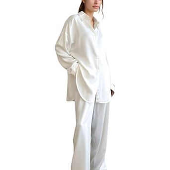 Women's Relaxed Fit Satin Button-Down Shirt and Wide Leg Pants Two-Piece Lounge Pajama Set
