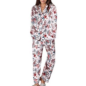 Women's Jungle Animal and Floral Pajama Set with Long Sleeve Button Down Top and Relaxed Woven Pants