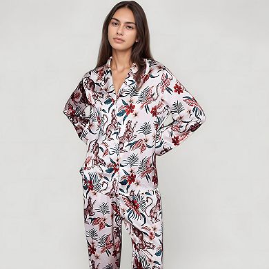 Women's Jungle Animal and Floral Pajama Set with Long Sleeve Button Down Top and Relaxed Woven Pants