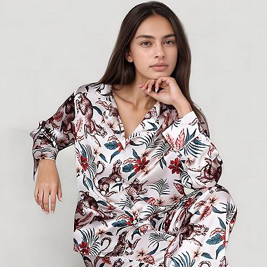 Women's Jungle Animal and Floral Pajama Set with Long Sleeve Button Down Top and Relaxed Woven Pants