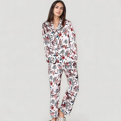 Women's Jungle Animal and Floral Pajama Set with Long Sleeve Button Down Top and Relaxed Woven Pants