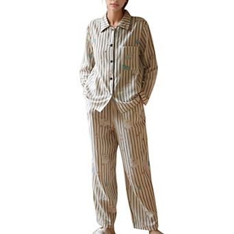 Women's Satin Striped Pajama Set with Button Up Long Sleeve Shirt and Illustrated Tree Print Pants