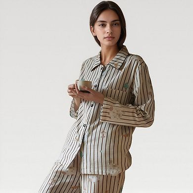 Women's Satin Striped Pajama Set with Button Up Long Sleeve Shirt and Illustrated Tree Print Pants
