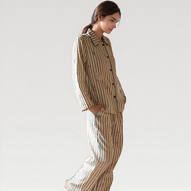Women's Satin Striped Pajama Set with Button Up Long Sleeve Shirt and Illustrated Tree Print Pants