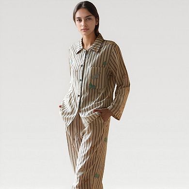 Women's Satin Striped Pajama Set with Button Up Long Sleeve Shirt and Illustrated Tree Print Pants