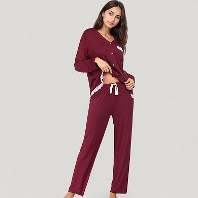 Women's Lace Trim Button Down Long Sleeve Top and Lounge Pants Two Piece Pajama Set