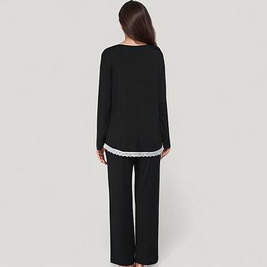 Women's Lace Trim Button Down Long Sleeve Top and Lounge Pants Two Piece Pajama Set
