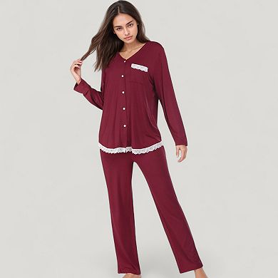 Women's Lace Trim Button Down Long Sleeve Top and Lounge Pants Two Piece Pajama Set