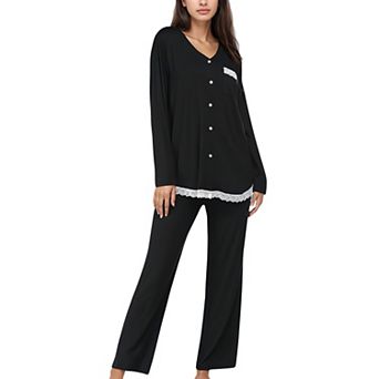 Women's Lace Trim Button Down Long Sleeve Top and Lounge Pants Two Piece Pajama Set