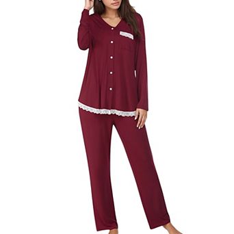 Women's Lace Trim Button Down Long Sleeve Top and Lounge Pants Two Piece Pajama Set