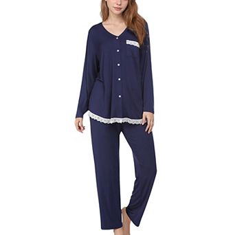 Women's Lace Trim Button Down Long Sleeve Top and Lounge Pants Two Piece Pajama Set