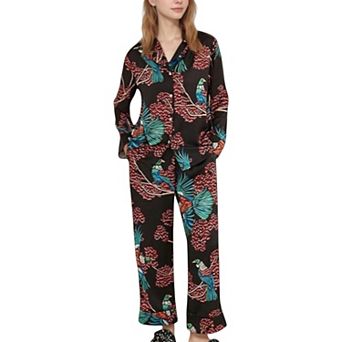 Women's Woven Pajama Set with Tropical Bird and Botanical Print Long Sleeve Top and Relaxed Pants