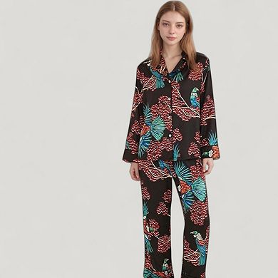Women's Woven Pajama Set with Tropical Bird and Botanical Print Long Sleeve Top and Relaxed Pants