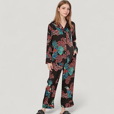 Women's Woven Pajama Set with Tropical Bird and Botanical Print Long Sleeve Top and Relaxed Pants