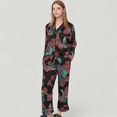 Women's Woven Pajama Set with Tropical Bird and Botanical Print Long Sleeve Top and Relaxed Pants