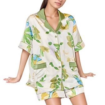 Women's Floral Print Pajama Set with Button-Up Short Sleeve Top and Matching Shorts
