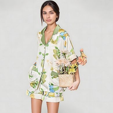 Women's Floral Print Pajama Set with Button-Up Short Sleeve Top and Matching Shorts