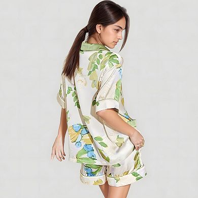 Women's Floral Print Pajama Set with Button-Up Short Sleeve Top and Matching Shorts