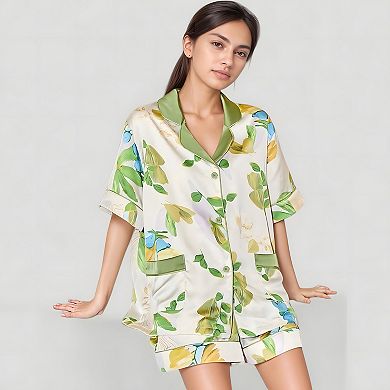 Women's Floral Print Pajama Set with Button-Up Short Sleeve Top and Matching Shorts
