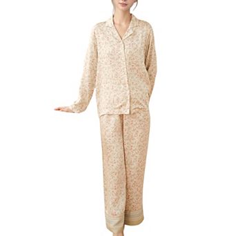 Women's Satin Botanical Print Pajama Set with Long Sleeve Button Top and Contrast Hem Pants