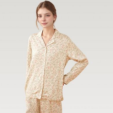 Women's Satin Botanical Print Pajama Set with Long Sleeve Button Top and Contrast Hem Pants