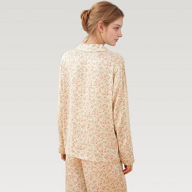 Women's Satin Botanical Print Pajama Set with Long Sleeve Button Top and Contrast Hem Pants
