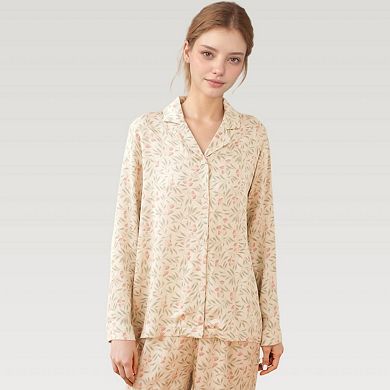 Women's Satin Botanical Print Pajama Set with Long Sleeve Button Top and Contrast Hem Pants