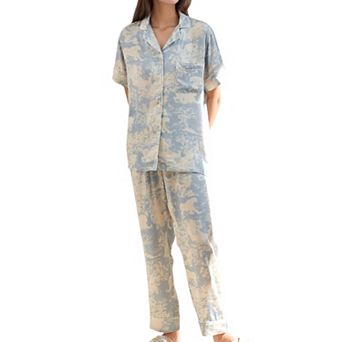 Women's Satin Pajama Set with Short Sleeve Button Up Top and Abstract Animal Print Relaxed Pants