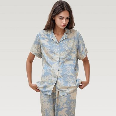 Women's Satin Pajama Set with Short Sleeve Button Up Top and Abstract Animal Print Relaxed Pants