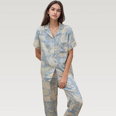 Women's Satin Pajama Set with Short Sleeve Button Up Top and Abstract Animal Print Relaxed Pants