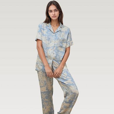 Women's Satin Pajama Set with Short Sleeve Button Up Top and Abstract Animal Print Relaxed Pants