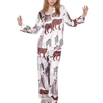 Women's Multicolored Leopard Print Pajama Set with Long Sleeve Notch Collar Top and Relaxed Bottoms