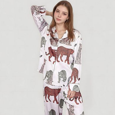 Women's Multicolored Leopard Print Pajama Set with Long Sleeve Notch Collar Top and Relaxed Bottoms