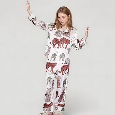 Women's Multicolored Leopard Print Pajama Set with Long Sleeve Notch Collar Top and Relaxed Bottoms
