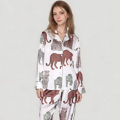 Women's Multicolored Leopard Print Pajama Set with Long Sleeve Notch Collar Top and Relaxed Bottoms