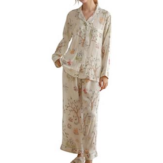 Women's Woodland Animal Pajama Set with Button-Up Long Sleeve Top and Relaxed Fit Pants