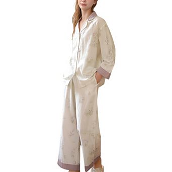 Women's Woven Two-Piece Pajama Set with Floral Print Contrast Trim and Relaxed Button Down Top