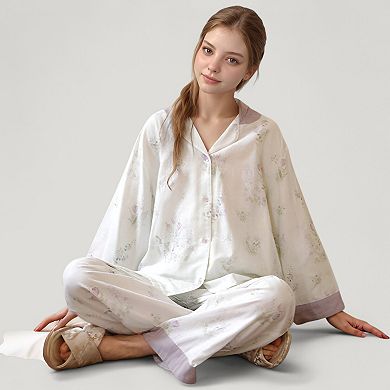 Women's Woven Two-Piece Pajama Set with Floral Print Contrast Trim and Relaxed Button Down Top