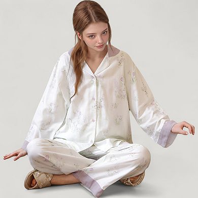 Women's Woven Two-Piece Pajama Set with Floral Print Contrast Trim and Relaxed Button Down Top