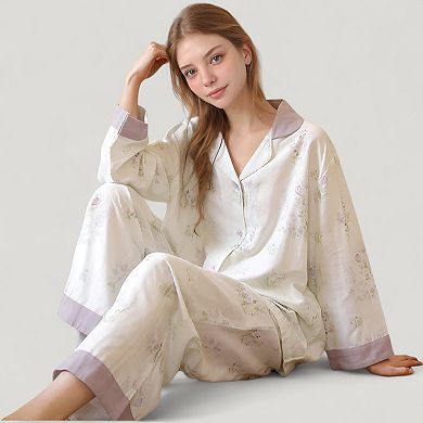 Women's Woven Two-Piece Pajama Set with Floral Print Contrast Trim and Relaxed Button Down Top